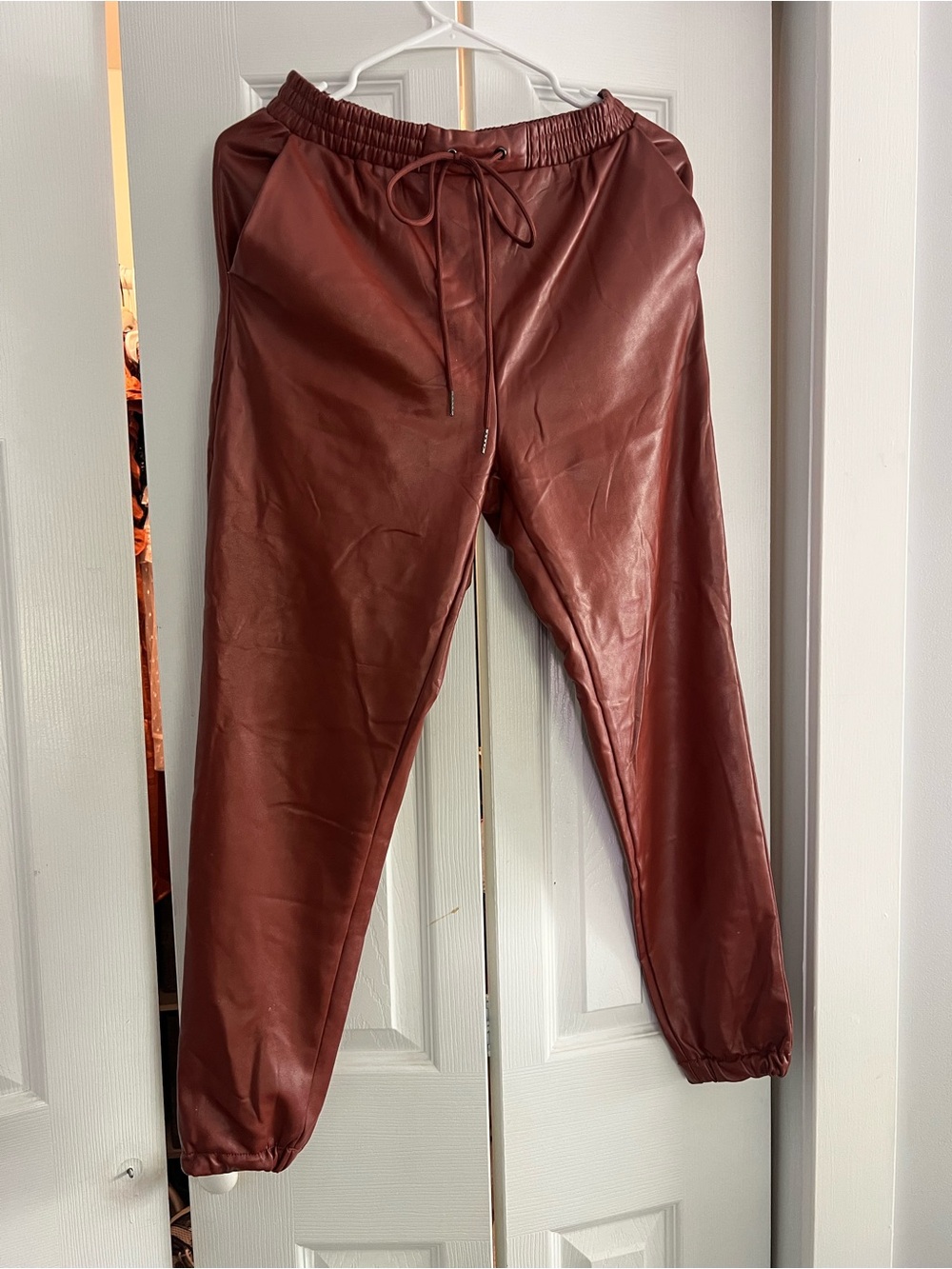 Women's Faux Leather Joggers — Burgundy Drawstring